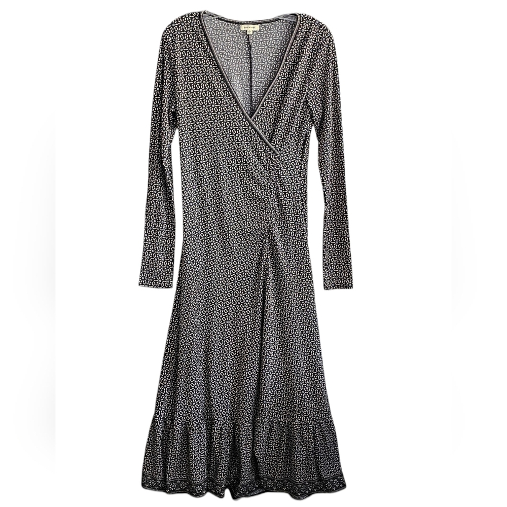 Max Studio Black Beige Graphic Floral Faux Wrap Tiered Long Sleeve Dress size L - Picture 5 of 12